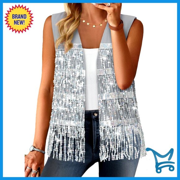 Jackets & Blazers - Sequin Fringe Sleeveless Vest Sparkly Lightweight Fitted Jacket Cardigan